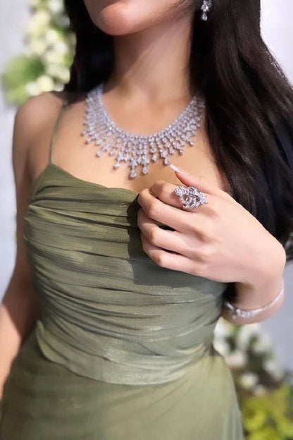 Charming A Line Spaghetti Straps Green Tulle Long Prom Dress with Ruffles