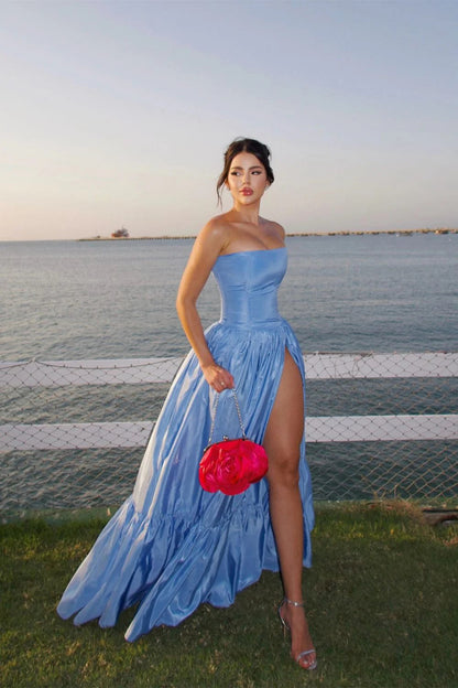 Charming A Line Strapless Blue Satin Long Prom Dress with Split
