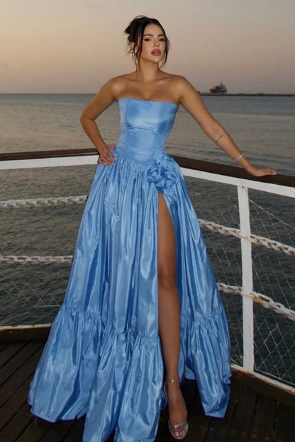 Charming A Line Strapless Blue Satin Long Prom Dress with Split