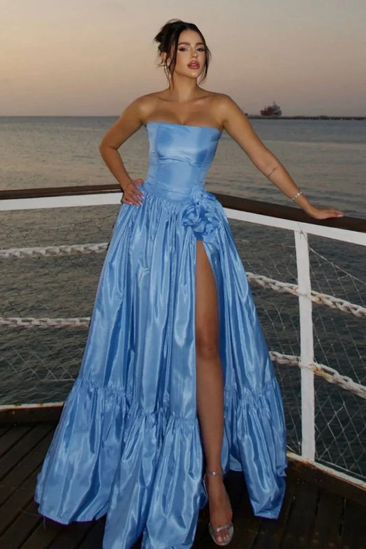 Charming A Line Strapless Blue Satin Long Prom Dress with Split