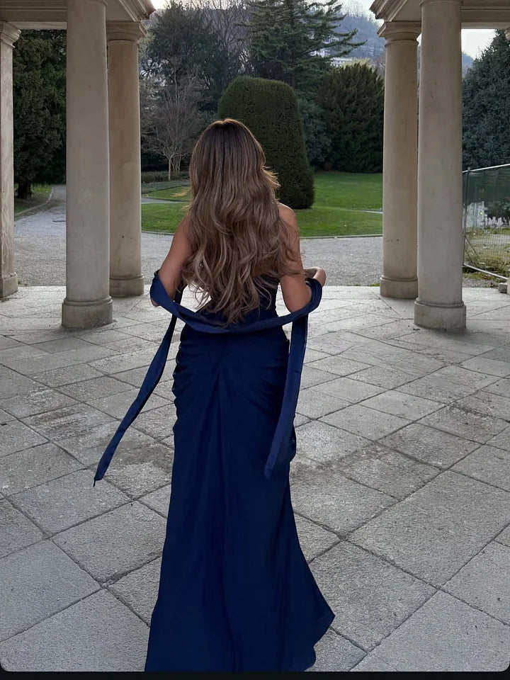 Charming Dark Navy Straight Across Split Pleated Prom Dress With Scarf