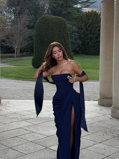 Charming Dark Navy Straight Across Split Pleated Prom Dress With Scarf