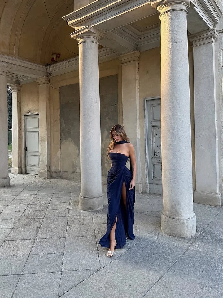 Charming Dark Navy Straight Across Split Pleated Prom Dress With Scarf