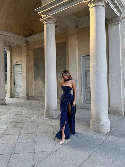 Charming Dark Navy Straight Across Split Pleated Prom Dress With Scarf