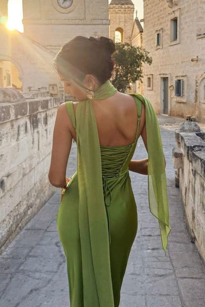 Charming Mermaid Square Neck Grey Blue Long Evening Dress with Criss Cross Back