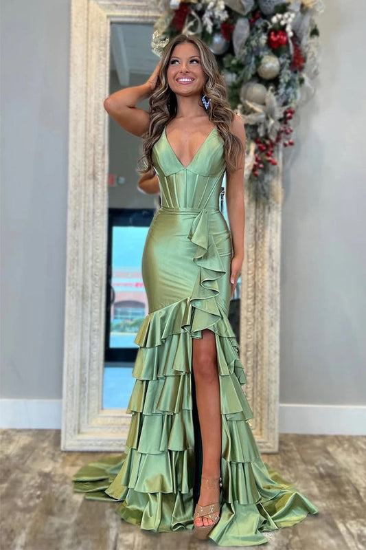 Charming Mermaid V Neck Satin Tiered Slit Sage Prom Dress