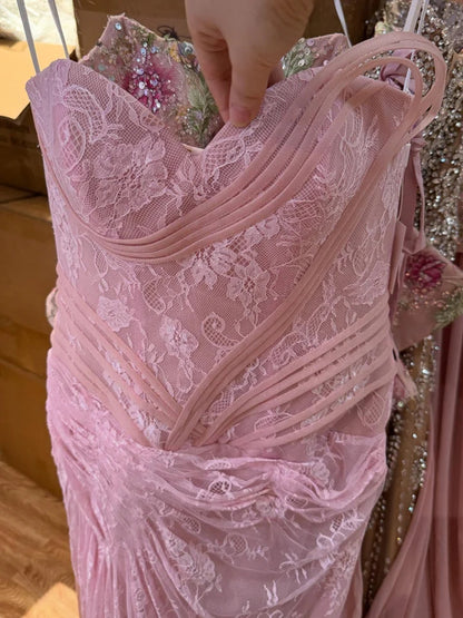 Charming Pink Sweetheart Sleeveless Lace Pleated Split Evening Dress