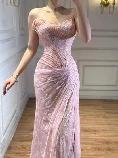 Charming Pink Sweetheart Sleeveless Lace Pleated Split Evening Dress
