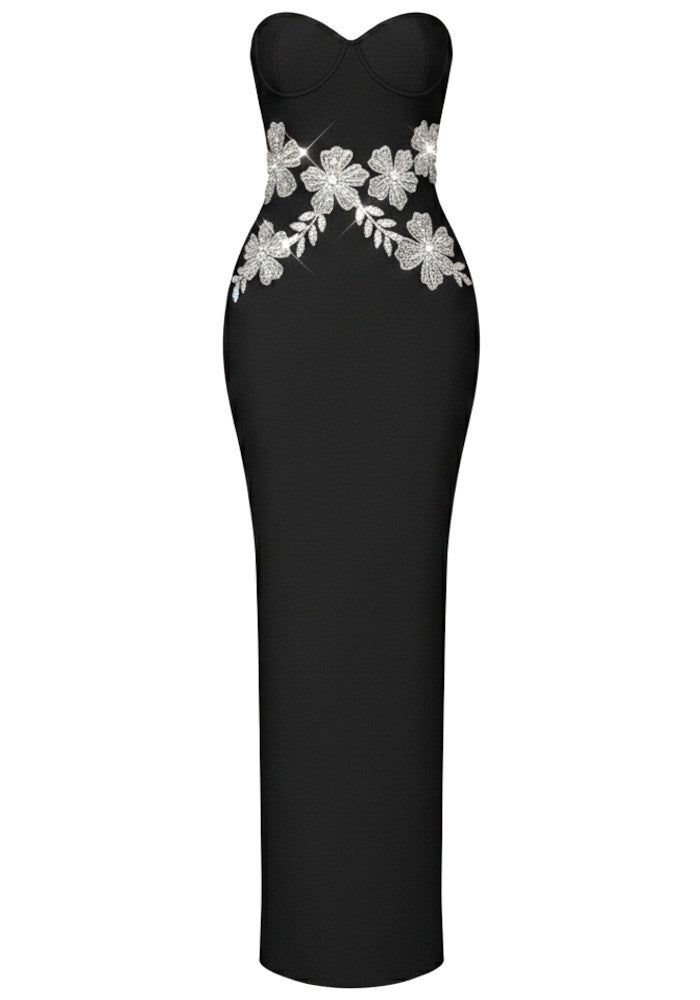 Black Off-Shoulder Floral Embellished Mermaid Long Formal Evening Dresses