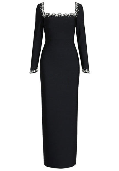 Chic Black Satin V-Neck Long Sleeve Beaded Prom Dresses for Formal Evening Events Wedding Galas