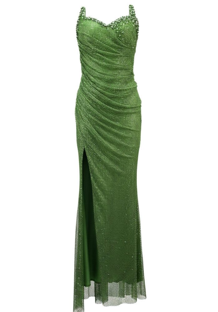 Emerald Green Sequined V-Neck Mermaid High Slit Formal Evening Prom Dresses