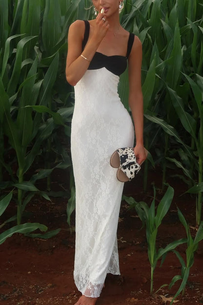 Mermaid Sweetheart White and Black Lace Long Prom Dress with Ruched