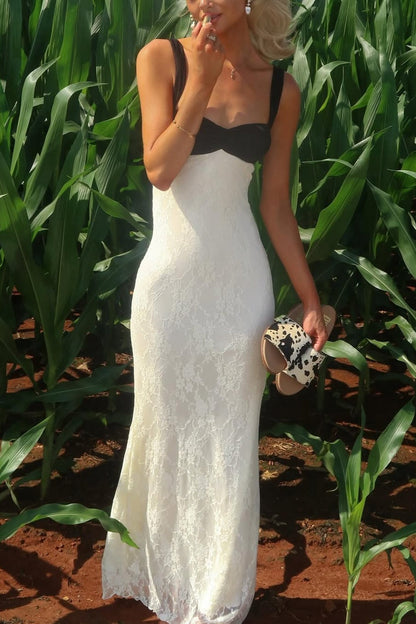 Mermaid Sweetheart White and Black Lace Long Prom Dress with Ruched