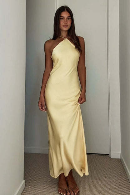 Halter Neck Light Yellow Long Party Dress with Open Back