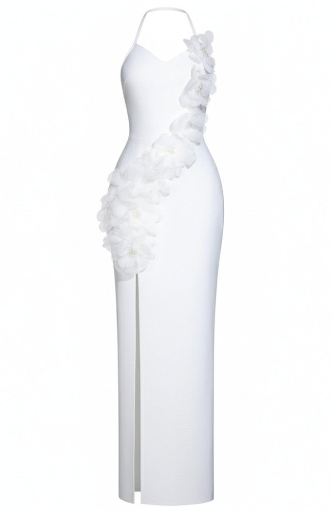 Chic White Satin V-Neck Slit Backless Mermaid Formal Prom Party Gowns