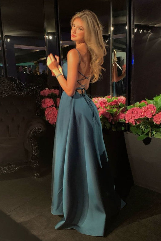 A Line Spaghetti Straps Dark Green Long Prom Dress with Criss Cross Back