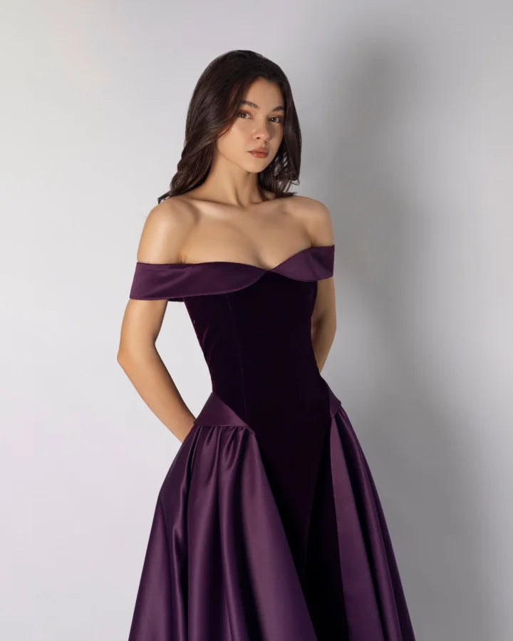 Dark Purple Off-The-Shoulder Pleated A-Line Evening Dress