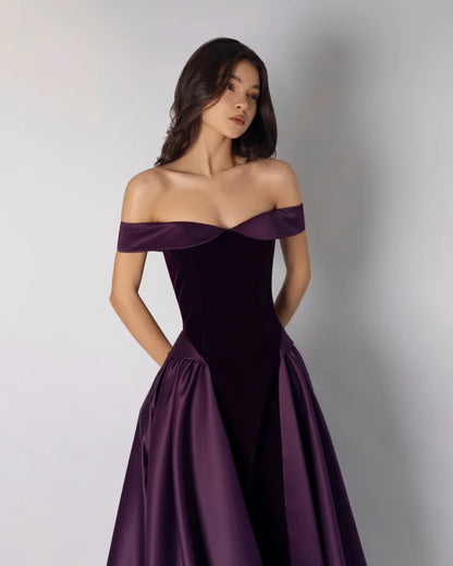 Dark Purple Off-The-Shoulder Pleated A-Line Evening Dress