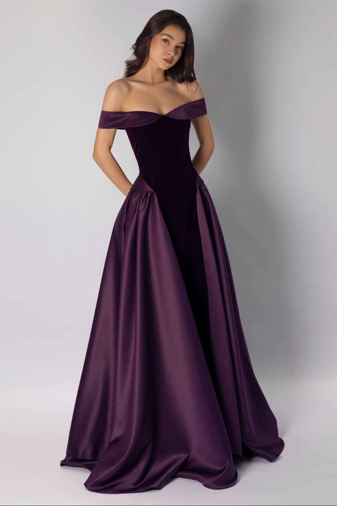 Dark Purple Off-The-Shoulder Pleated A-Line Evening Dress