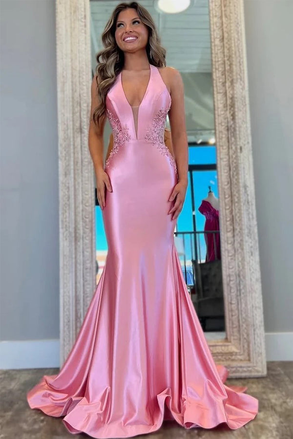 Classy Halter V-Neck Appliques Mermaid Pink Prom Dress