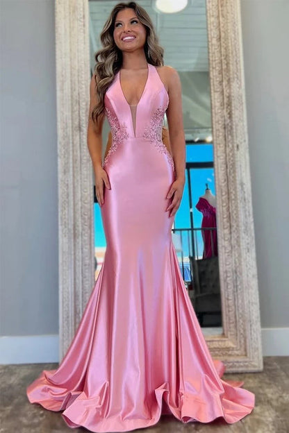 Classy Halter V-Neck Appliques Mermaid Pink Prom Dress