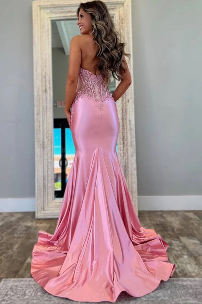 Classy Halter V-Neck Appliques Mermaid Pink Prom Dress