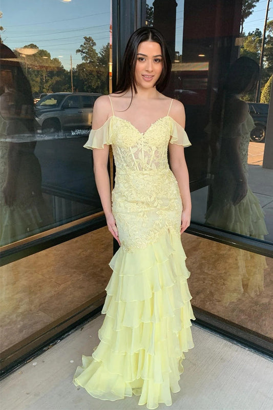 Cold Sleeves Lace Mermaid Ruffle Yellow Long Prom Dress