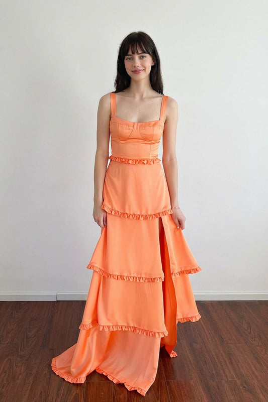 Corset Tiered Orange Long Prom Dress Formal Gown With Split