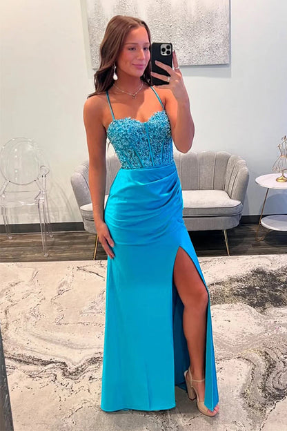 Cute Mermaid Straps Satin Blue Long Prom Dress with Appliques