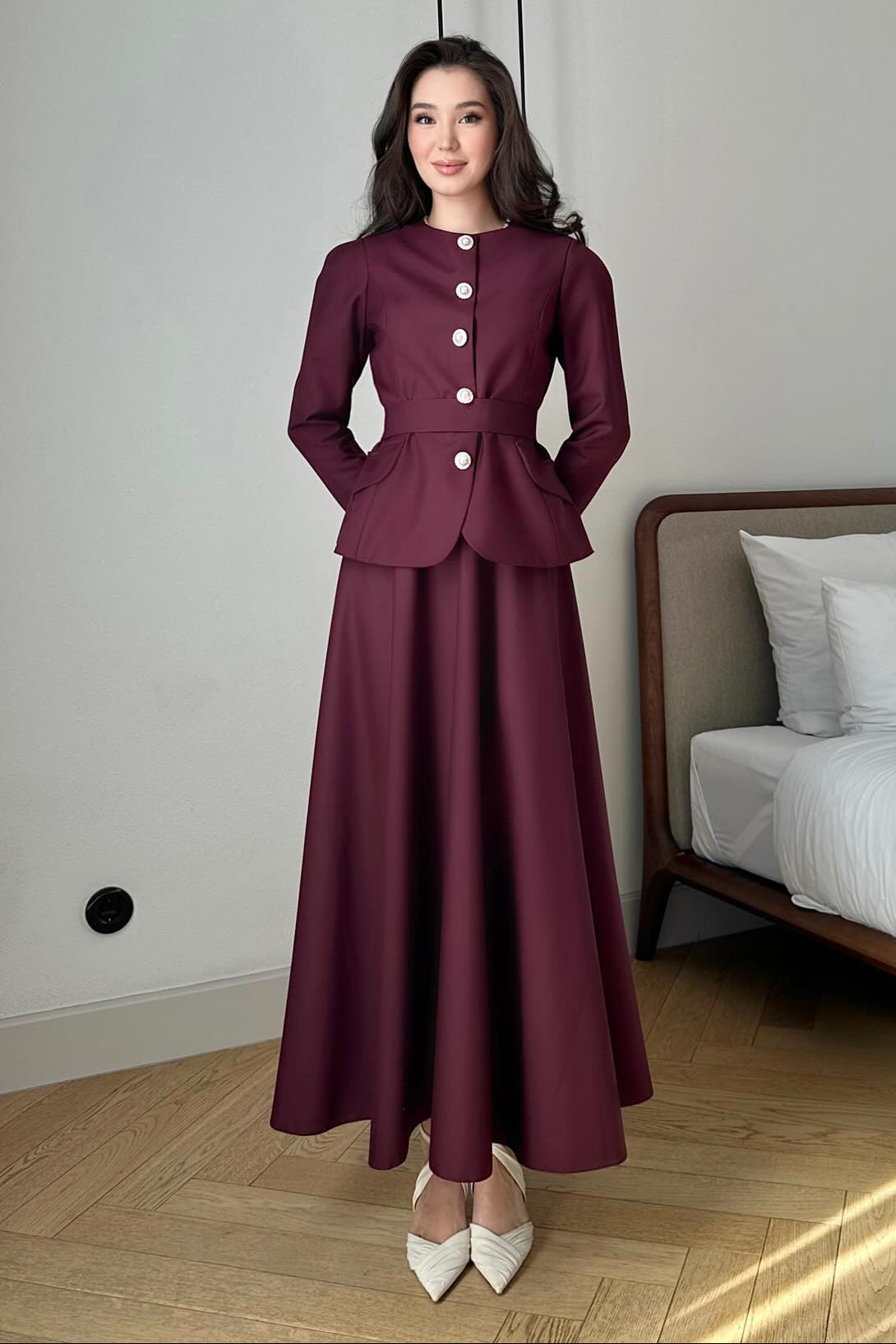Long Sleeve Button A-Line Ankle-Length Evening Dress