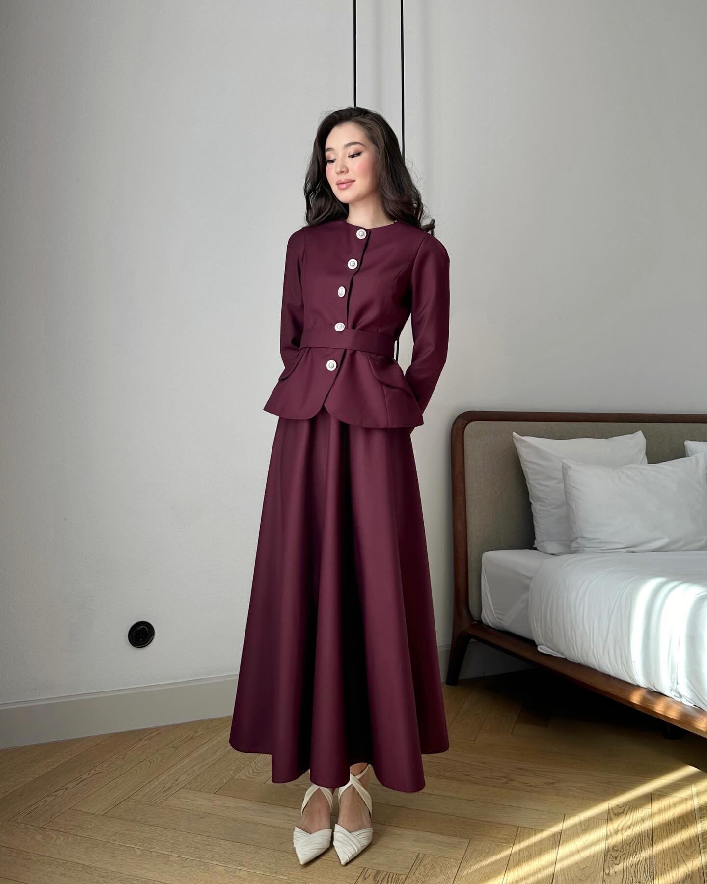 Long Sleeve Button A-Line Ankle-Length Evening Dress