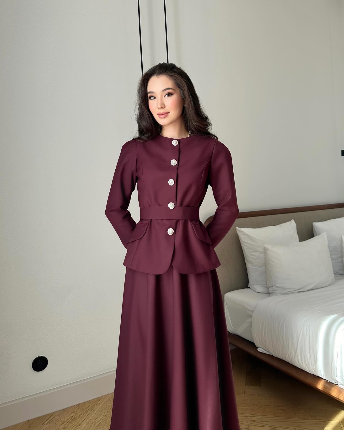 Long Sleeve Button A-Line Ankle-Length Evening Dress