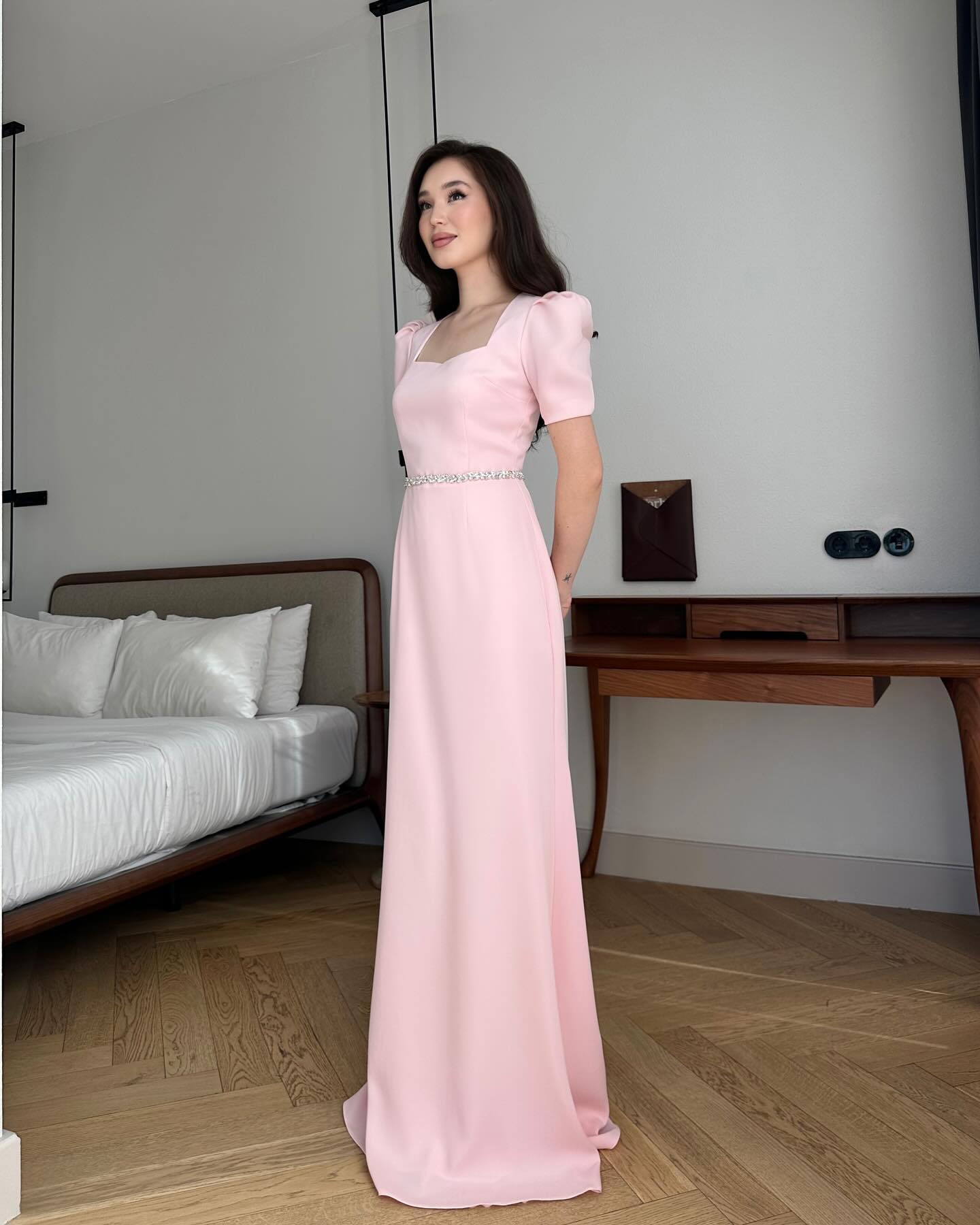 Pink Square Neck Beaded Sparkle Mermaid Floor-Length Evening Dress