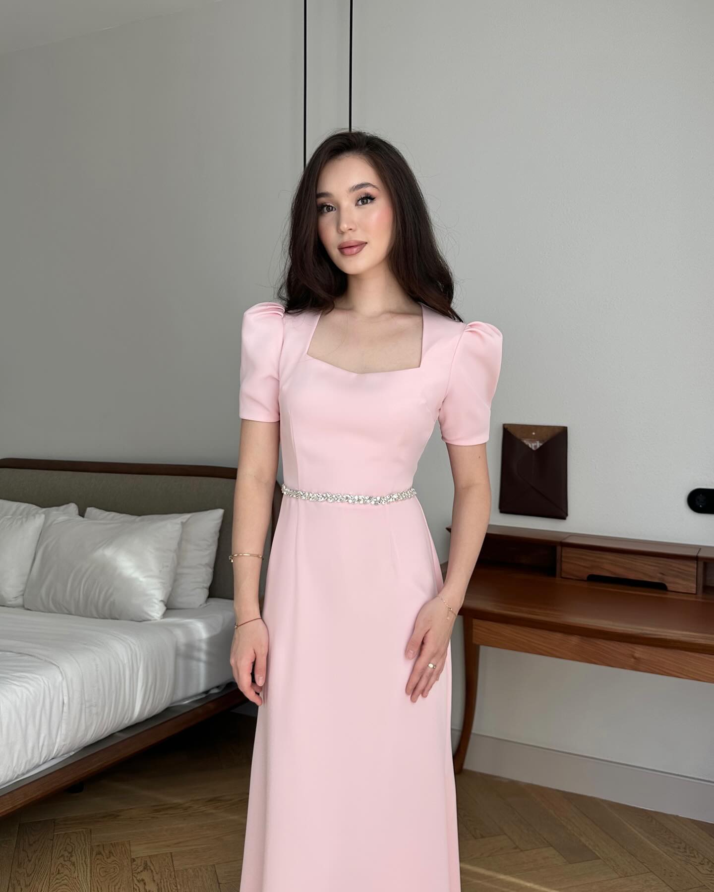 Pink Square Neck Beaded Sparkle Mermaid Floor-Length Evening Dress