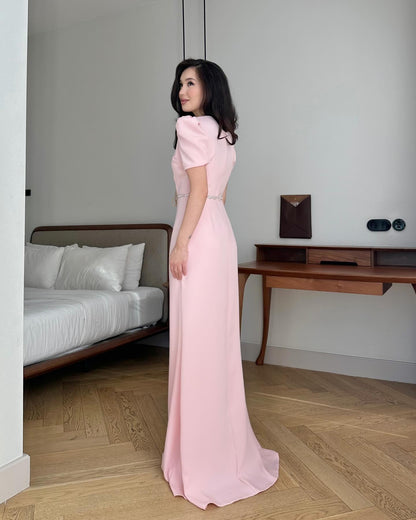 Pink Square Neck Beaded Sparkle Mermaid Floor-Length Evening Dress