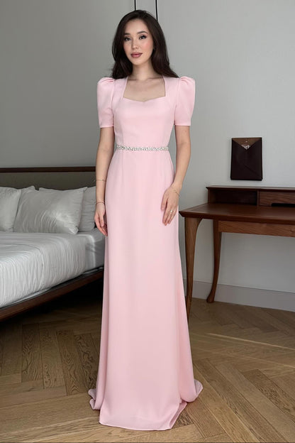 Pink Square Neck Beaded Sparkle Mermaid Floor-Length Evening Dress