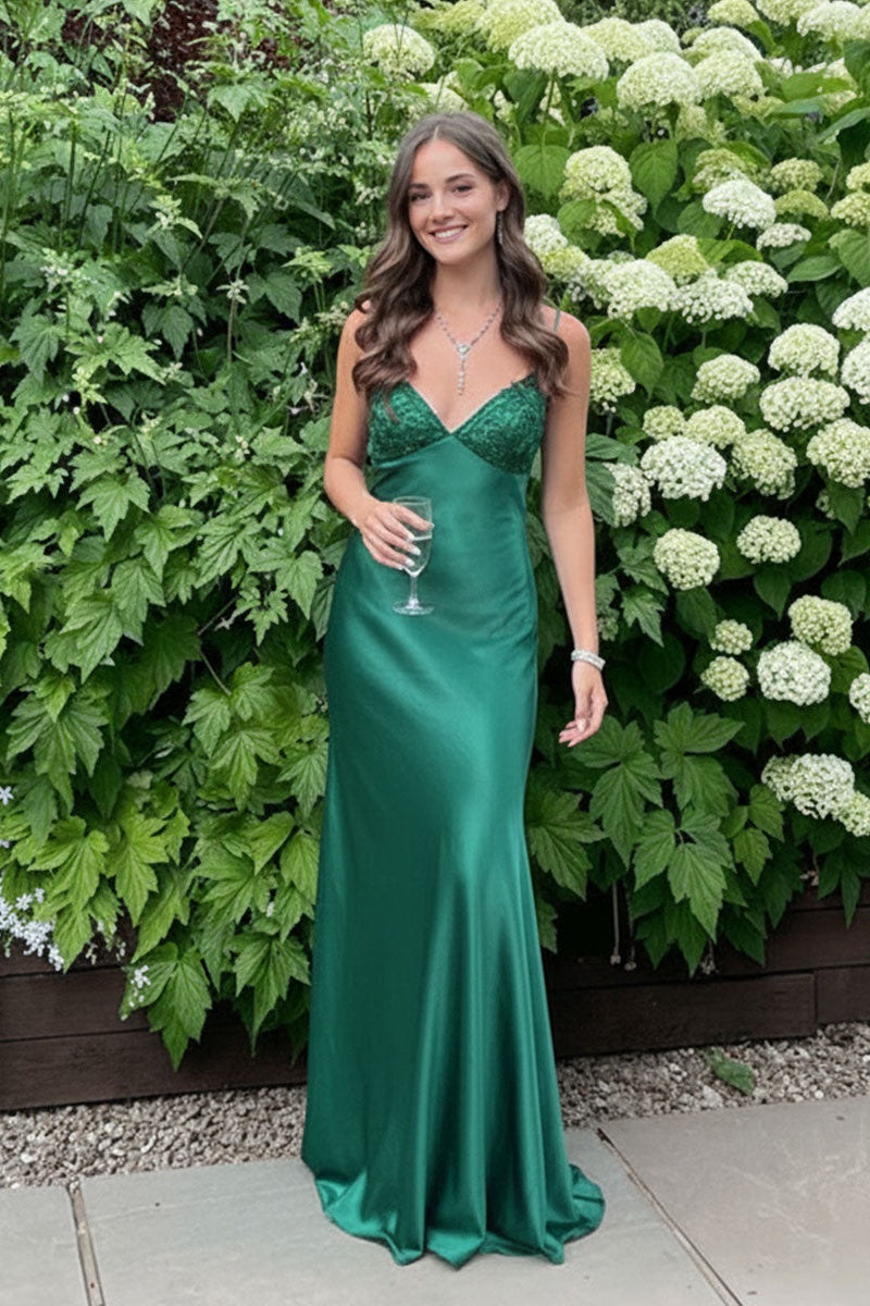 Beaded Green Soft Satin Sheath Long Prom Dress