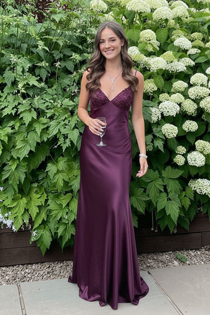 Beaded Purple Soft Satin Sheath Long Prom Dress