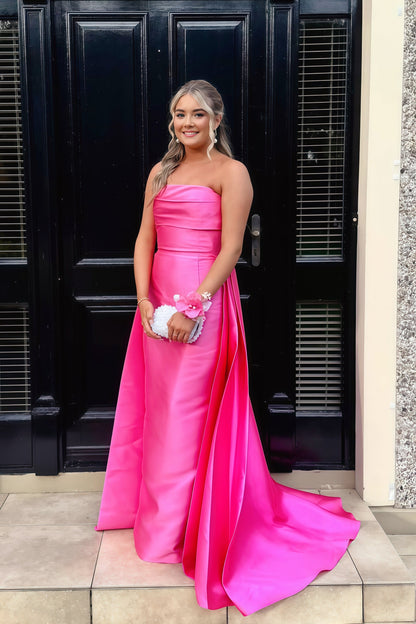 Hot Pink Satin Long Dress with Train