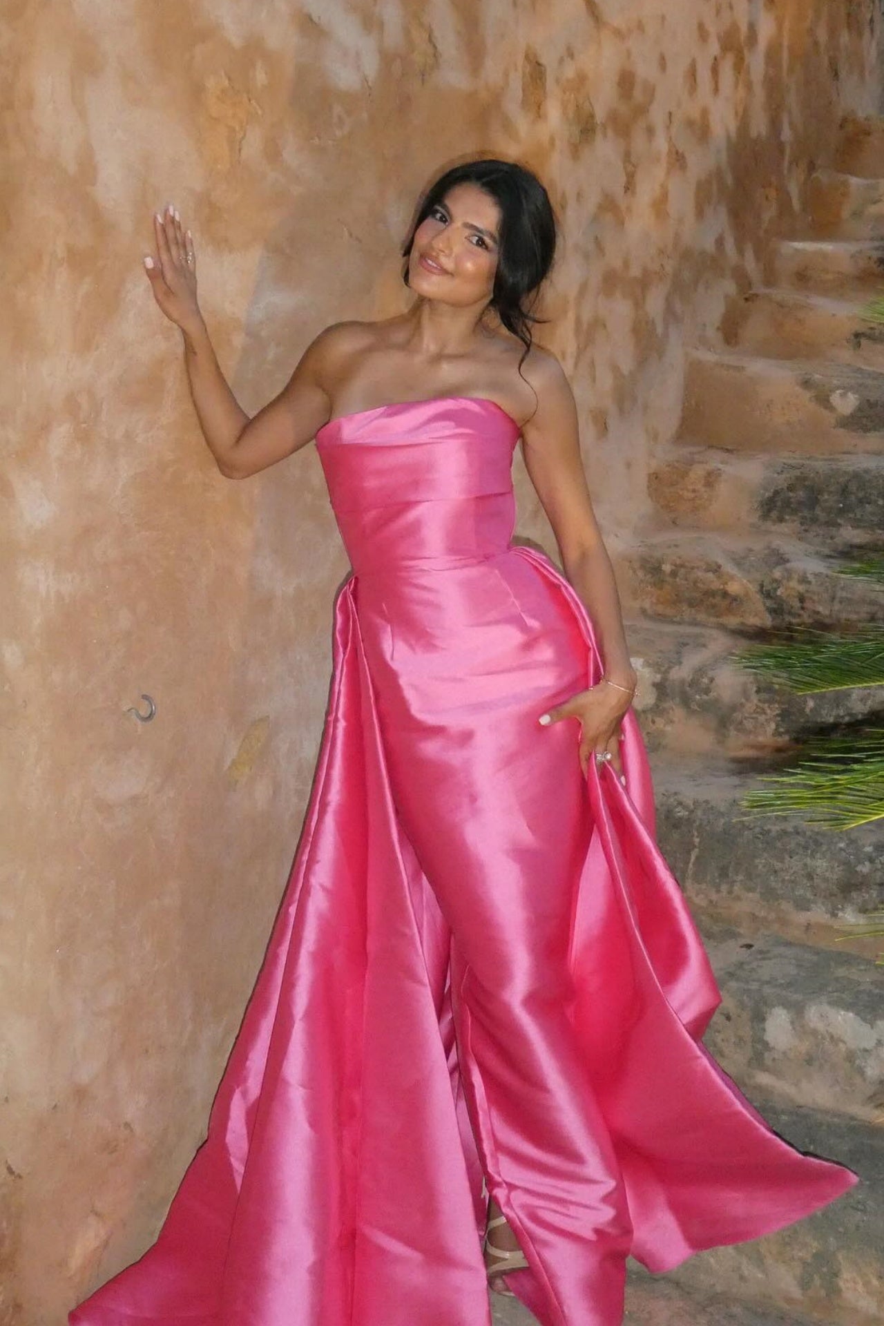 Hot Pink Satin Long Dress with Train