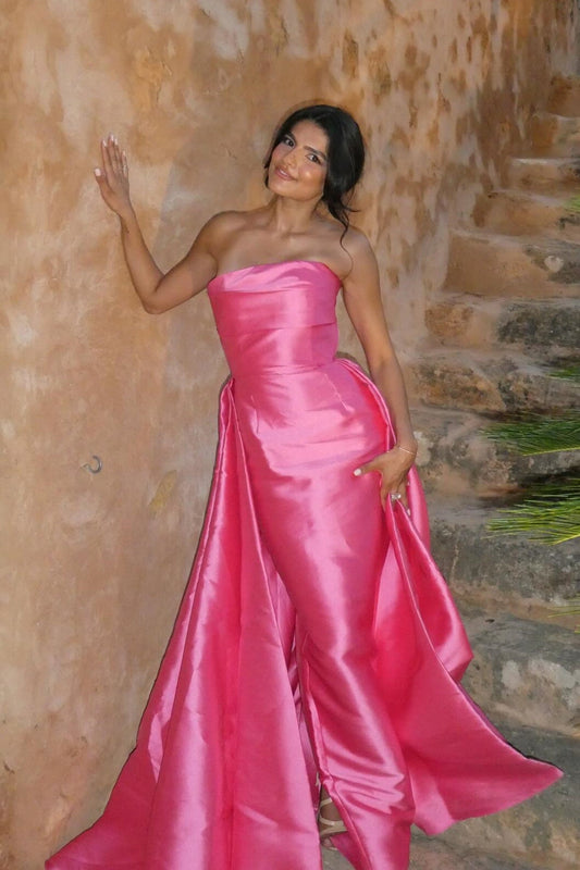 Hot Pink Satin Long Dress with Train