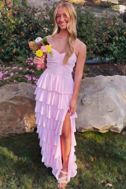 Light Pink A-line Tiered Ruffle Maxi Dress