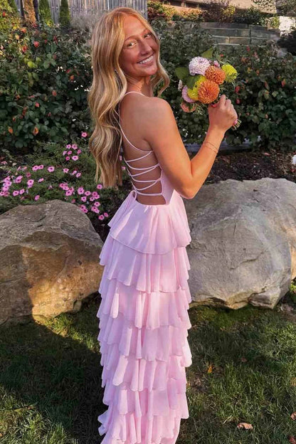 Light Pink A-line Tiered Ruffle Maxi Dress