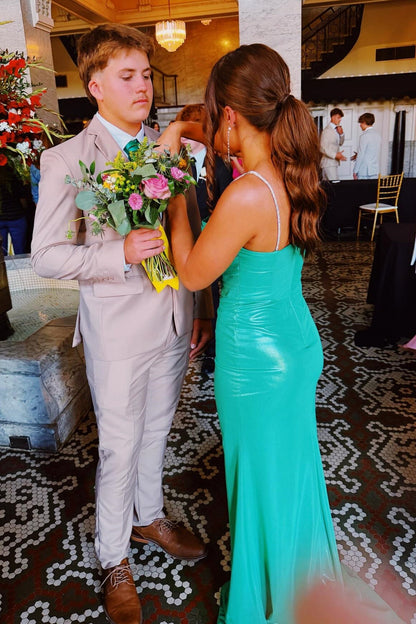 Cyan Fitted Spaghetti Strap Train Maxi Dress