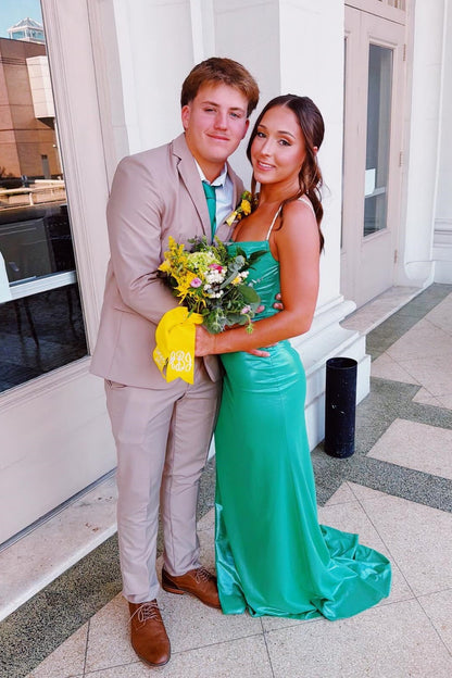 Cyan Fitted Spaghetti Strap Train Maxi Dress