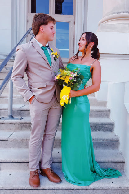 Cyan Fitted Spaghetti Strap Train Maxi Dress