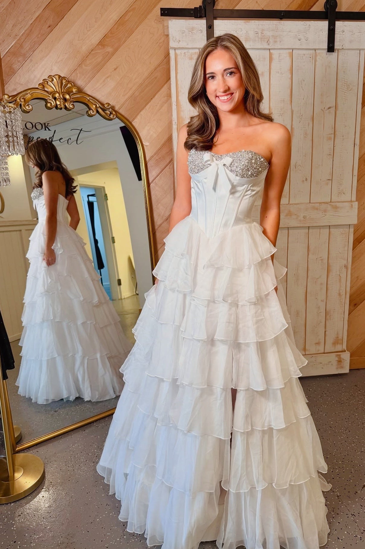 Pink Rhinestone Bow Sweetheart Tiered Ruffled Dress