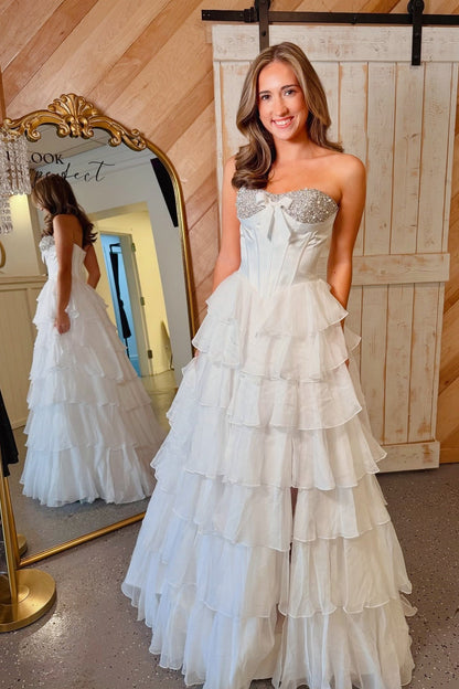 Pink Rhinestone Bow Sweetheart Tiered Ruffled Dress
