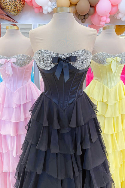 Pink Rhinestone Bow Sweetheart Tiered Ruffled Dress