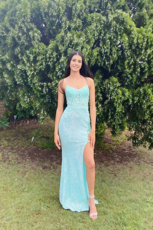 V-neck Spaghetti Strap Side Slit Prom Dress